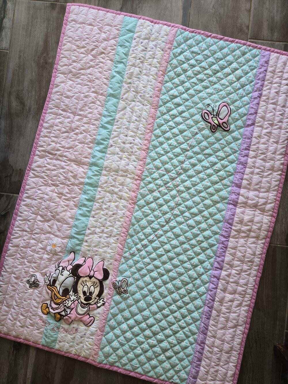 Vintage Disney Minnie Mouse & Daisy Duck Pink Pastel Quilted Baby Crib Blanket